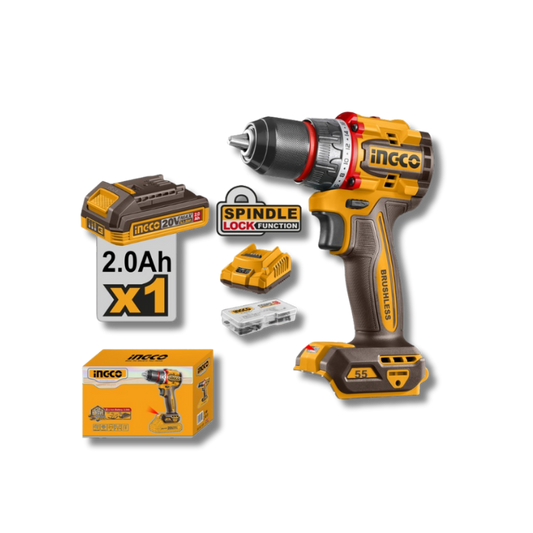 TALADRO ATORNILLADOR INALÁMBRICO INGCO 20V CDLI205582 BRUSHLESS 55NM 1 BATERÍA KIT
