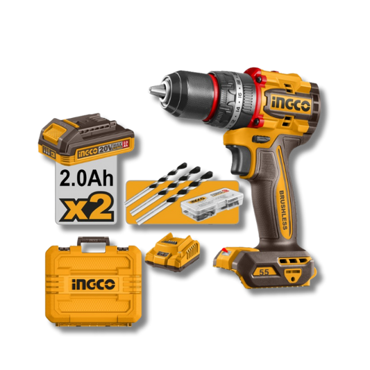 TALADRO ATORNILLADOR PERCUTOR INALÁMBRICO INGCO 20V CIDLI20558 BRUSHLESS 55NM KIT 2 BATERÍAS