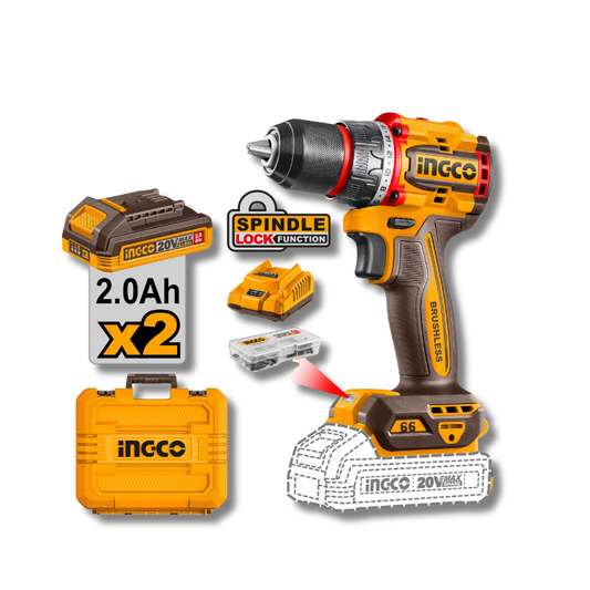 TALADRO ATORNILLADOR INALÁMBRICO INGCO 20V CDLI20668 BRUSHLESS 66NM KIT 2 BATERÍAS