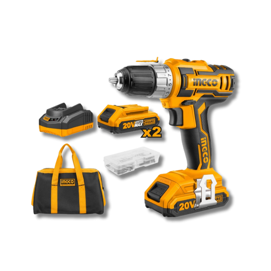 TALADRO INALÁMBRICO INGCO 20V CDLI2002 KIT 2 BATERÍAS + 47 ACCESORIOS