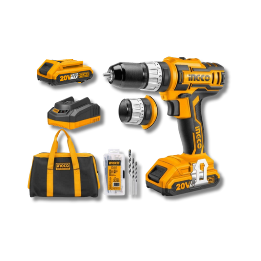 TALADRO ATORNILLADOR PERCUTOR INALÁMBRICO INGCO 20V CIDLI2002 KIT 2 BATERÍAS + 50 ACCESORIOS