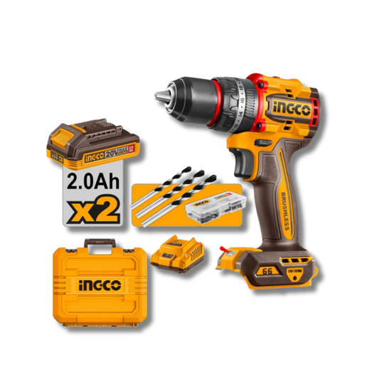 TALADRO ATORNILLADOR PERCUTOR INALÁMBRICO INGCO 20V CIDLI20668 BRUSHLESS 66NM KIT 2 BATERÍAS